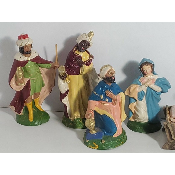 ANTIQUE 1940S COMPOSITION NATIVITY FIGURINE set of 10 pieces 5" Italy Hand Paint - Picture 2 of 7